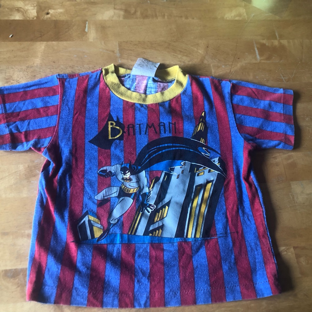 Red & Blue Striped Batman Tee with Yellow Trim